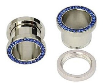 Screw-on Plugs/Gauges/Tunnels Surgical Steel (316L) with Cobalt Blue CZ 2 Pieces (1 Pair) (B/2/1/1)