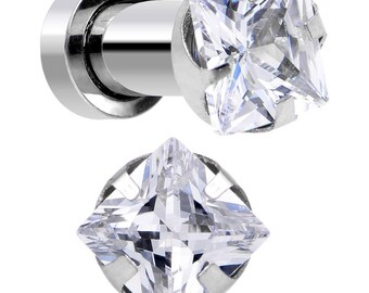 Big Square Cz Stone Prong Set on 316l Surgical Steel Screw-fit Plugs/gauges/Tunnels 2 Piece  (A/2/2/A1)