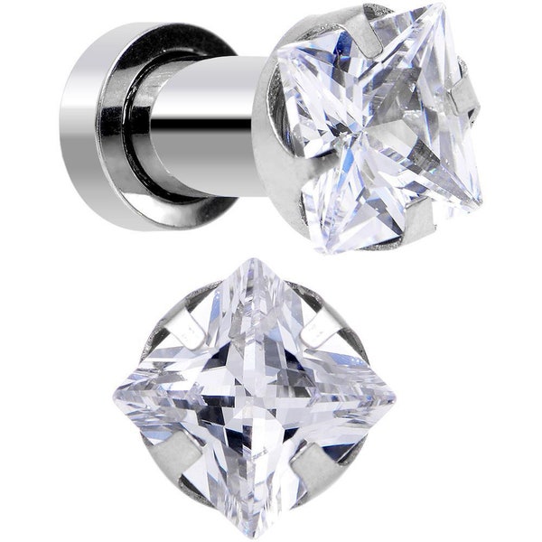 Big Square Cz Stone Prong Set on 316l Surgical Steel Screw-fit Plugs/gauges/Tunnels 2 Piece  (A/2/2/A1)