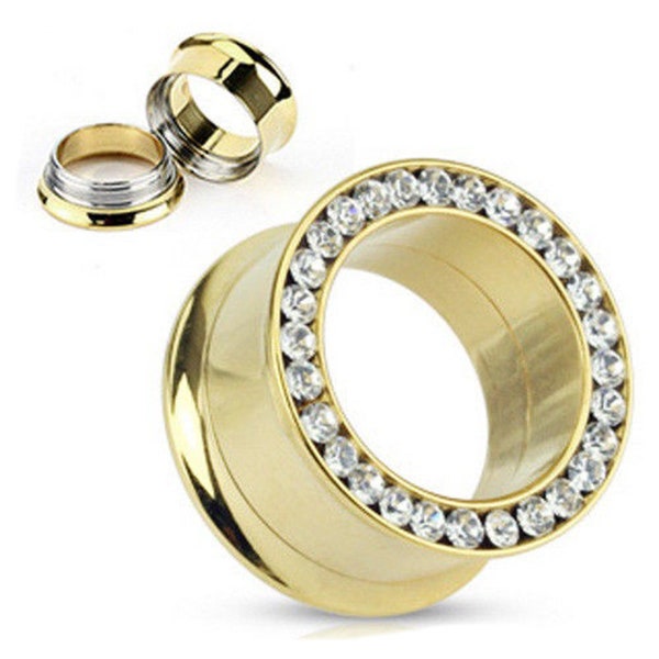 14k Gold Plated Double Flared Screw-on Plugs/Gauges/Tunnels with Clear CZ 2 Pieces (1 Pair) (A/3/3/22)