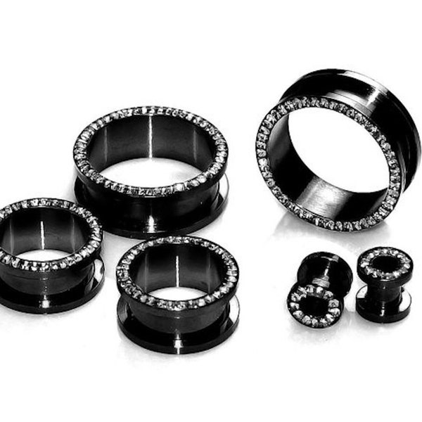 Black Titanium over Surgical Steel Screw-on Plugs/Gauges with Clear CZ 2 Pieces (A/2/2/3)