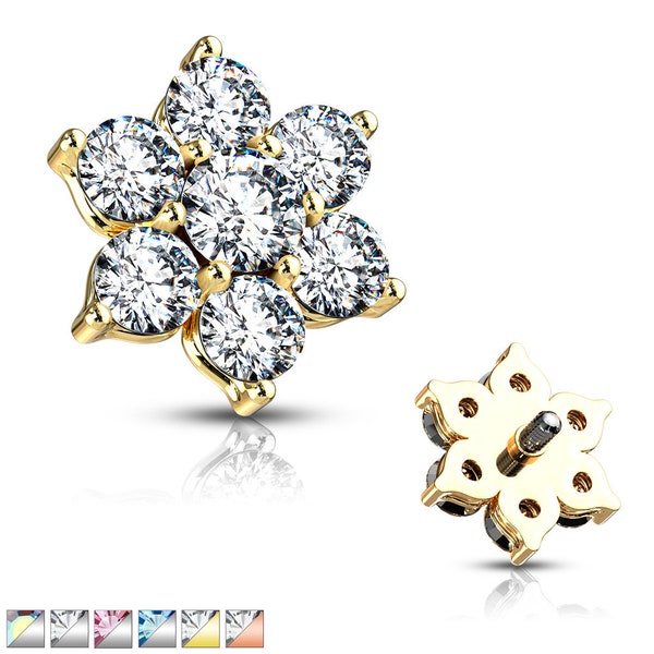 14k Gold Pointy Flower Dermal Top Clear CZ Surgical Steel (316L) 1 Piece 8mm top