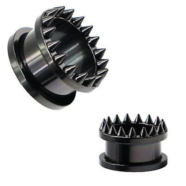 Black Titanium with Spike's Over Surgical Steel Screw-on Plugs/Gauges 2 Pieces (1 Pair) (B/5/3/62)