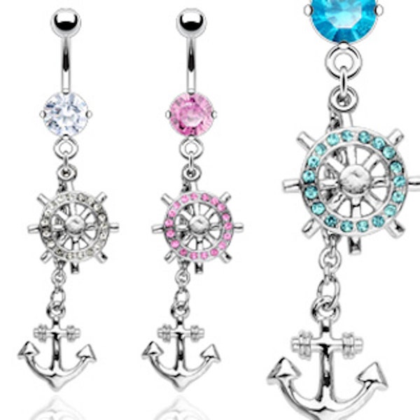 Anchor and Wheel Dangle Belly Ring 14G (1.6MM) (B/3/5/20)