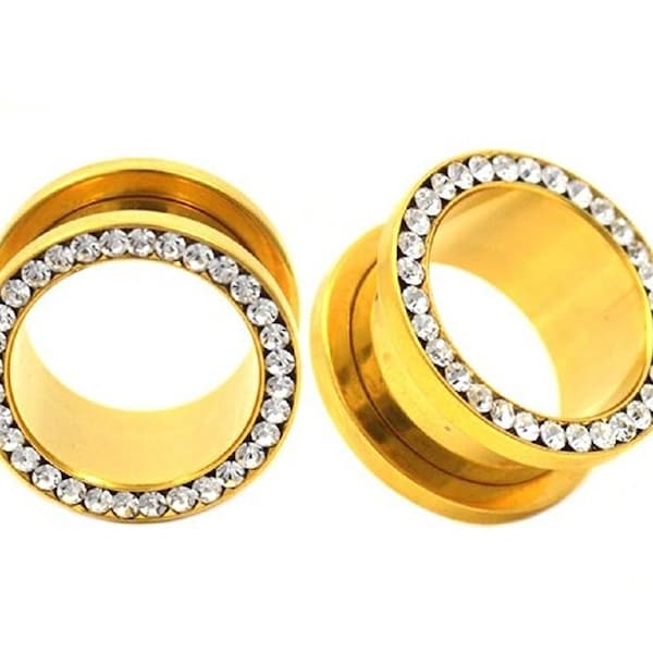 24k Gold Plated Screw-on Plugs/Gauges/Tunnels with Clear CZ 2 Pieces (1 Pair) (A/5/3/A/10)