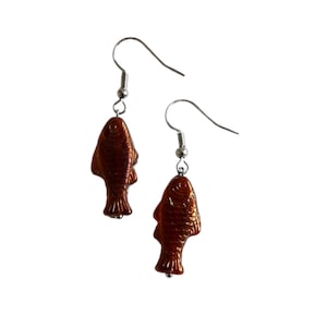 Dark Red Iridescent Fish Earrings | Vintage Czech Glass Beaded Dangle Earrings
