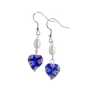 The Love Earrings: Blue | Millefiori Heart and Freshwater Pearl Dangle Earrings | Handmade Y2k Indie Aesthetic Jewelry