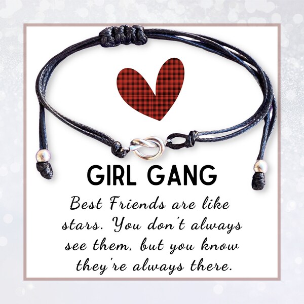 Bff bracelet, Girl gang bracelet, Love knot silver charm, Best friend bracelet for 4 girls, Black rope string band, Group of besties jewelry