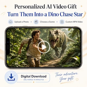 May include: A smartphone screen displays a personalized AI video featuring a person running through a jungle while being chased by a dinosaur. Text reads: Personalized AI Video Gift, Turn Them Into a Dino Chase Star, Digital Download, Delivered in Minutes.