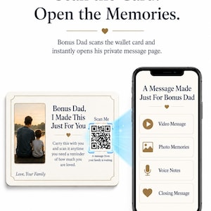 May include: A white wallet card with a photo of a father and child, and the text "Bonus Dad, I Made This Just For You." A smartphone displays a message page with video, photo, and voice options.