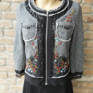 Hand embroidered jacket, boho festival, bohemian jacket, hippie, upcycled reworked jacket, romantic, victorian look, art to wear, wearable