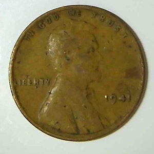 1941 Lincoln No Mint Mark Wheat Penny One Cent Coin