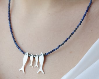 Silver Fish Family Necklace, Lapis Lazuli Gemstones, Sterling Silver Pendants, Gift For Mum