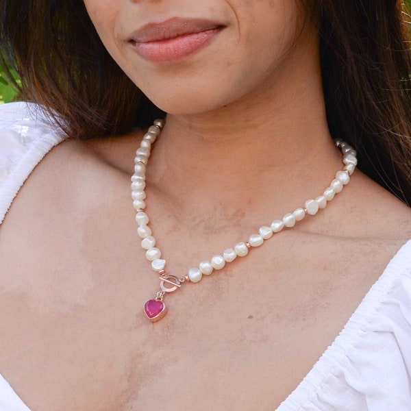 Barocke Perlenkette mit Herzanhänger, 925 Sterling Silber, handgefertigter Süßwasserperlenschmuck, einzigartige Perlenkette, Knebelkette