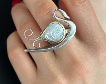 Swan-Inspired Sterling Silver Ring, Unique Handmade Jewelry, Statement Ring Gift For Mum
