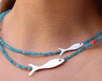 Playful Fish Necklace Apatite Gemstone Necklace Two Strands Layered Silver Fish Charms Summer Necklace Holiday Jewelry Beach Necklace