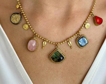 Multi-Gemstone Charm Necklace, Gold Plated Sterling Silver Mother’s Day Gift, Statement Necklace