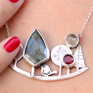 Collar con piedra de nacimiento personalizado: plata de ley, diseño de árboles y pájaros, un regalo único para mamá.