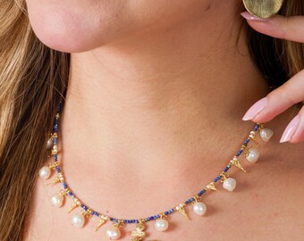 Conjunto de collar y pendientes de lapislázuli: plata de ley bañada en oro, regalo para el Día de la Madre.