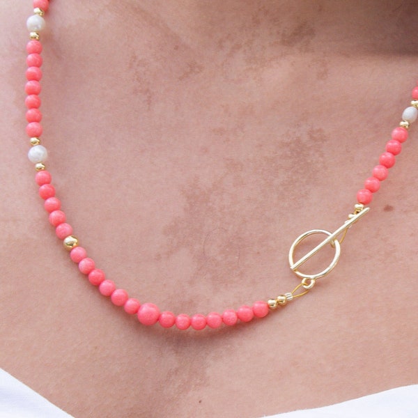 Rosa Korallen Edelstein Halskette lang, Barock Süßwasserperlen, Perlenkette, Knebelverschluss Silber 925 rosa Koralle Halskette, Geschenk für Sie