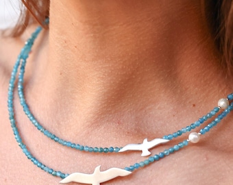 Apatite Gemstone Necklace: Silver Seagull Pendant, Layered Two-Strand