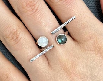 Silver Two-Finger Ring with Labradorite and Moonstone Gemstones, Birthstone Custom Rings