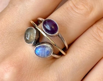 Three Gemstone Ring in Sterling Silver, Amethyst, Moonstone & Labradorite, Birthstone Gift Ring