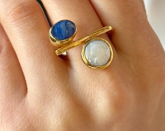 Kyanite & Open Ring in Gold-Plated Sterling Silver, Statement Ring Gift For Mum