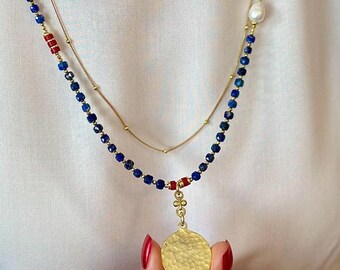Chic Lapis Lazuli Long Necklace with Gold Disc Pendant, Mother's Day Gift