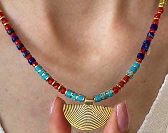 Multicolor Gemstone Beaded Necklace with Gold Plated Pendant, Silver Jewelry Gift For Mum