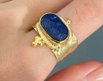 Chunky Lapis Lazuli Ring in Silver Gold Plated, Statement Ring Gift For Mum