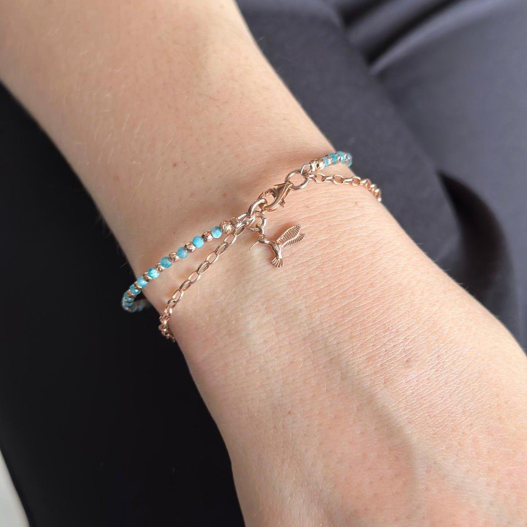 Bracelet Colibri Perles Pierre Rose Et Violet – Bijou Inspirant Avec Carte Message, Cadeau Pour Femme