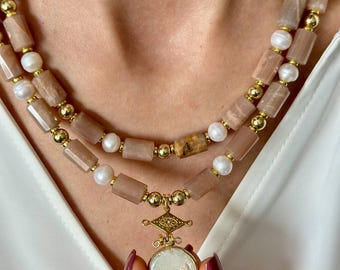 Elegant Gemstone Layered Necklace Set, Sunstone & Pearl, Statement Necklace, Meaningful Gift For Mum