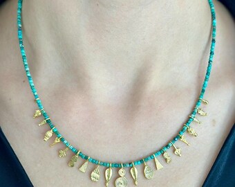 Dainty Necklace with Natural Turquoise & Gold-Plated Charms, Unique Statement Jewellery