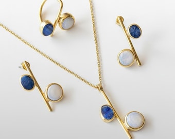 Elegant Jewelry Set, Silver Necklace, Earrings, Ring with Natural Kyanite & Pearl, Mother’s Day Gift