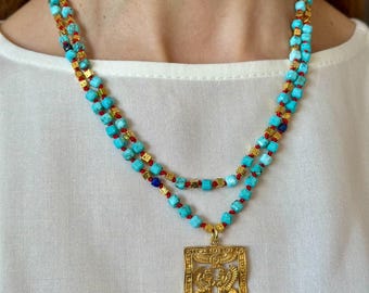 Turquoise Layered Necklace Set, Ancient Symbol Jewelry, Boho Statement Necklace, Mom Gift