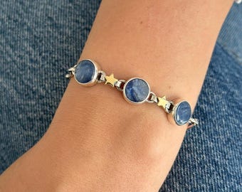 Dainty Kyanite and 925 Sterling Silver Bracelet with Gold-Stars, Mother's Day Gift