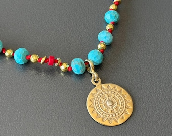 Ancient Anatolian Sun Pendant Necklace Silver Gold, Knotted Long Necklace, Mother's Day Gift