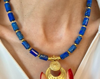 Anatolian Statement Necklace with Lapis Lazuli Gemstone and Gold Plated Pendant, Gift For Mum
