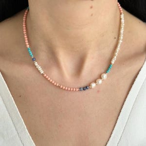 Freshwater Pearl Necklace with Multicolor Gemstones and Coral | Delicate Beaded Choker | Gift for Her | Elegant Pearl Jewellery