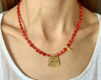Red Coral Necklace with Gold Plated Silver Pendant, Statement Necklace, Ancient Anatolian Design