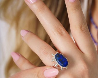Natural Gemstone Lapis Lazuli Ring | 925 Sterling Silver Handmade Adjustable Band | Gift for Her | Unique Blue Gemstone Jewelry