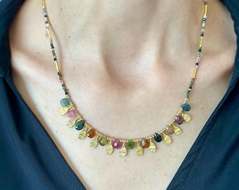 Elegant Tourmaline Necklace, Silver Gold Plated Charms, Jewellery For Mum, Statement Necklace Gift