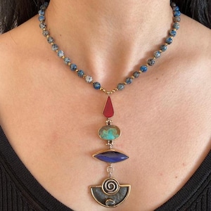 Gemstone Necklace with Natural Lapis Lazuli, Turquoise, Coral and 925 Sterling Silver