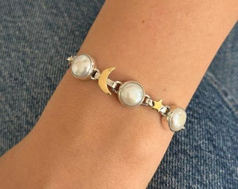 Celestial Pearl Bracelet, Moon Star Jewelry, Sterling Silver Gold Mixed Bracelet Gift