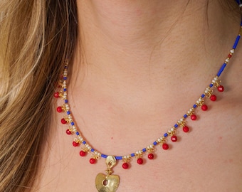 Statement Necklace with Coral & Lapis Lazuli Gemstones, 925 Sterling Silver Pendant, Mother's Day Gift
