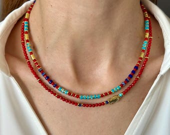 Two-strand Coral & Turquoise Bead Necklace Set, Symbolic Gold Fish Charm, Meaningful Gift