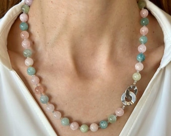 Natural Morganite Gemstone Necklace, Silver Toggle Clasp, Pastel Multicolor Beaded Necklace Gift