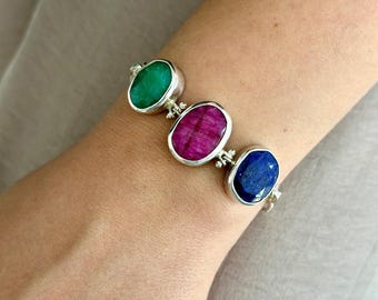 Elegant Gemstone Bracelet with Ruby, Emerald & Lapis Lazuli in Sterling Silver, Gift For Her