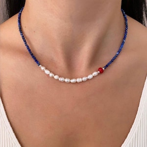 Natural Freshwater Pearls Gemstone Necklace | Lapis Lazuli Pendant | Pearl Jewellery Gift for Her | Sterling Silver Clasp